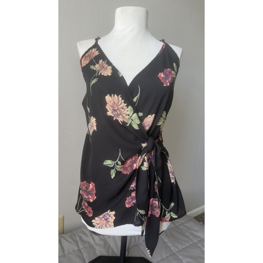 West Kei Women's Black Floral Spaghetti Strap Wrap‎ Tie Tank Top Blouse Size Med